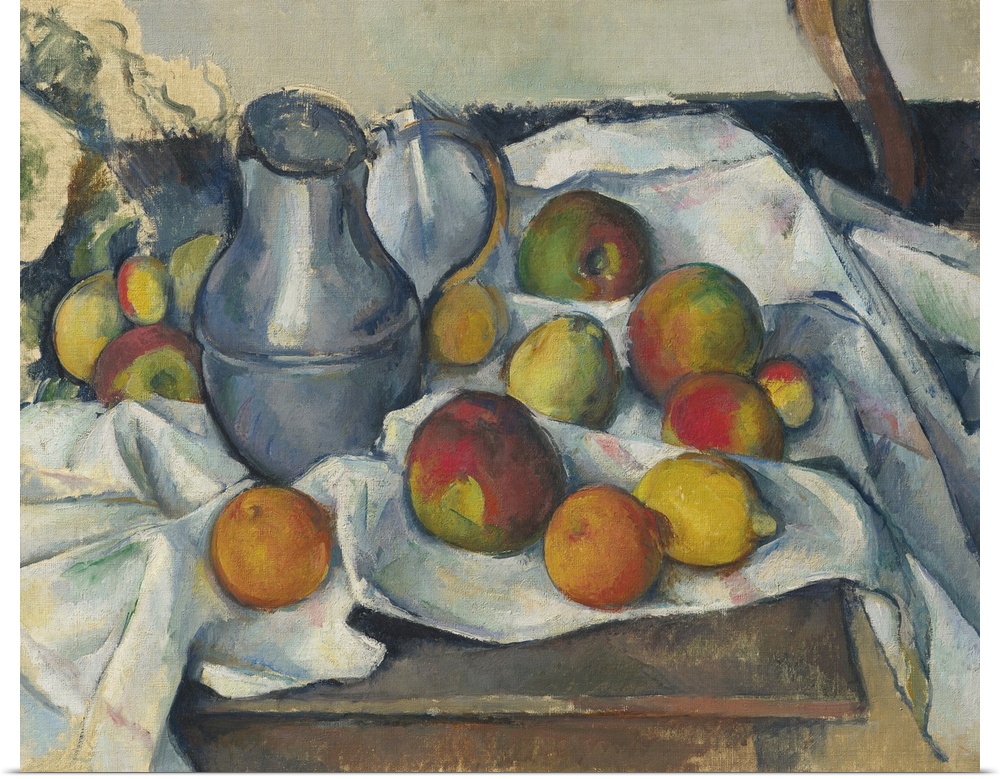 A classic masterpiece by one of the leading French impressionist painters featuring a pewter jug and a selection of fruits...