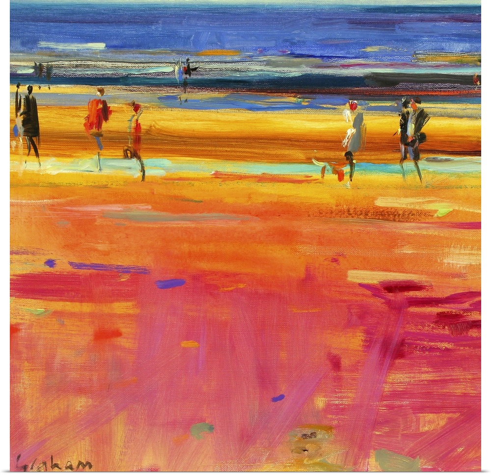 Square abstract painting of people walking on a beach with the ocean in a distance.