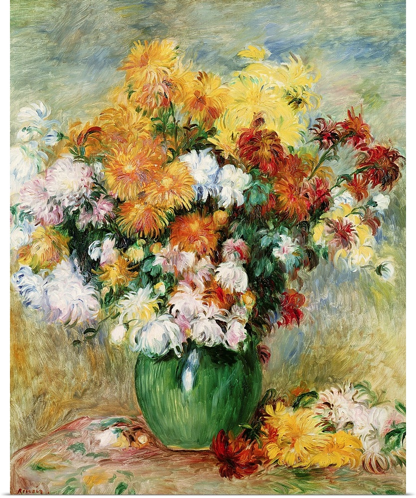 This classic still life painting from an Impressionist master shows numerous blooms of flowers in a vase created with long...
