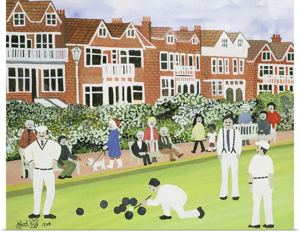 Contemporary painting of a group of people playing boules in a park.