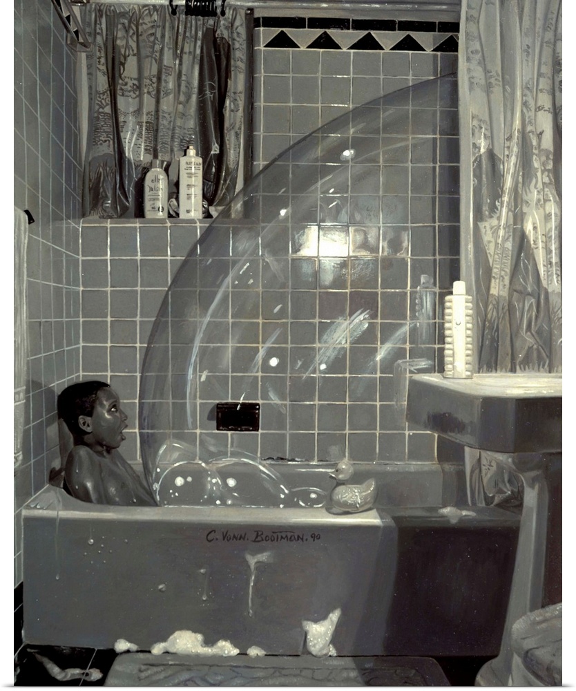 Contemporary painting of a boy in a bathtub with an enormous soap bubble.