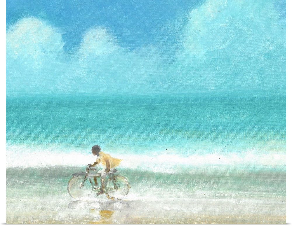 Contemporary painting of a person riding a bicycle on a beach.