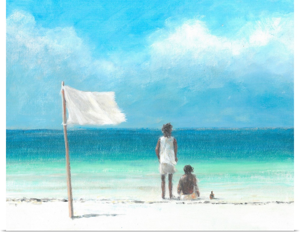 Contemporary painting of two children on a beach with a white flag behind them.