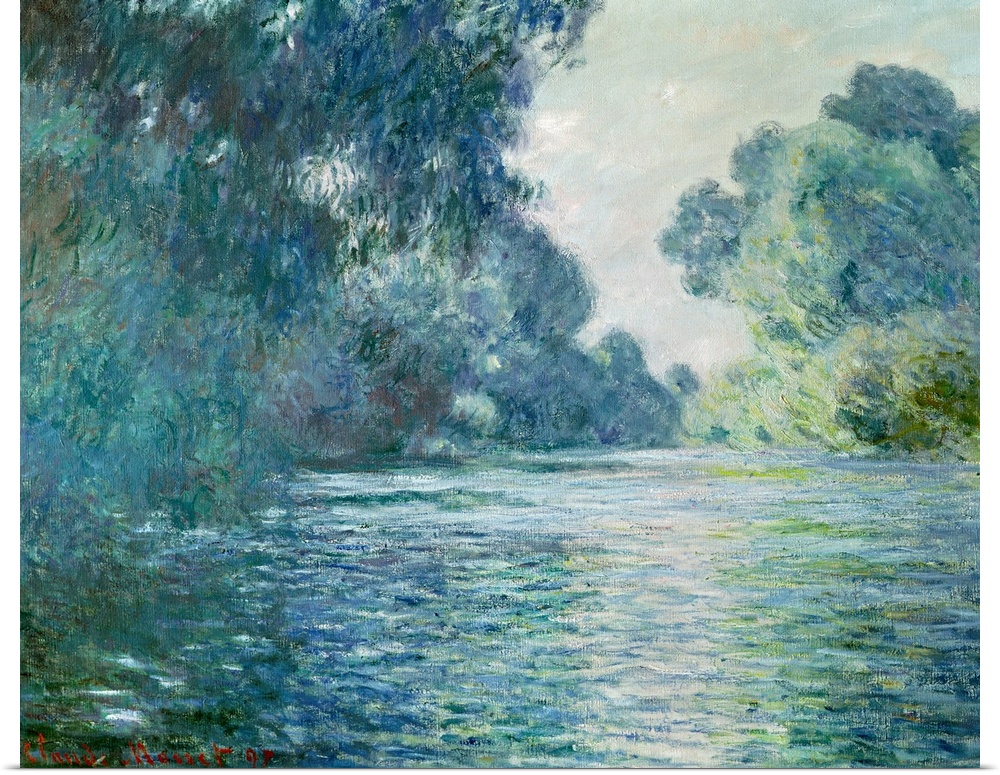 Oil painting of river with large trees and bushes on both sides that are reflected in the stream of water.
