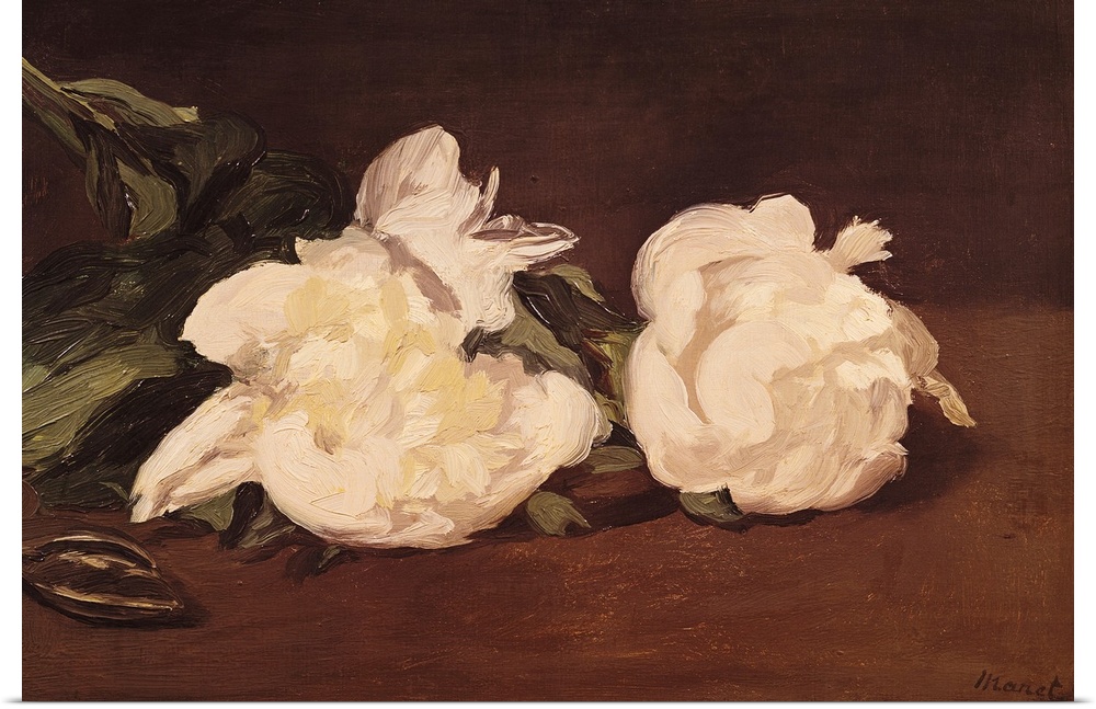 Oil painting of two pastel colored flowers and their leaves scattered on a table.