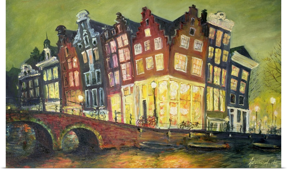 A contemporary landscape painting of historic buildings on a brightly lit street lined with bicycles and a bridge over a c...