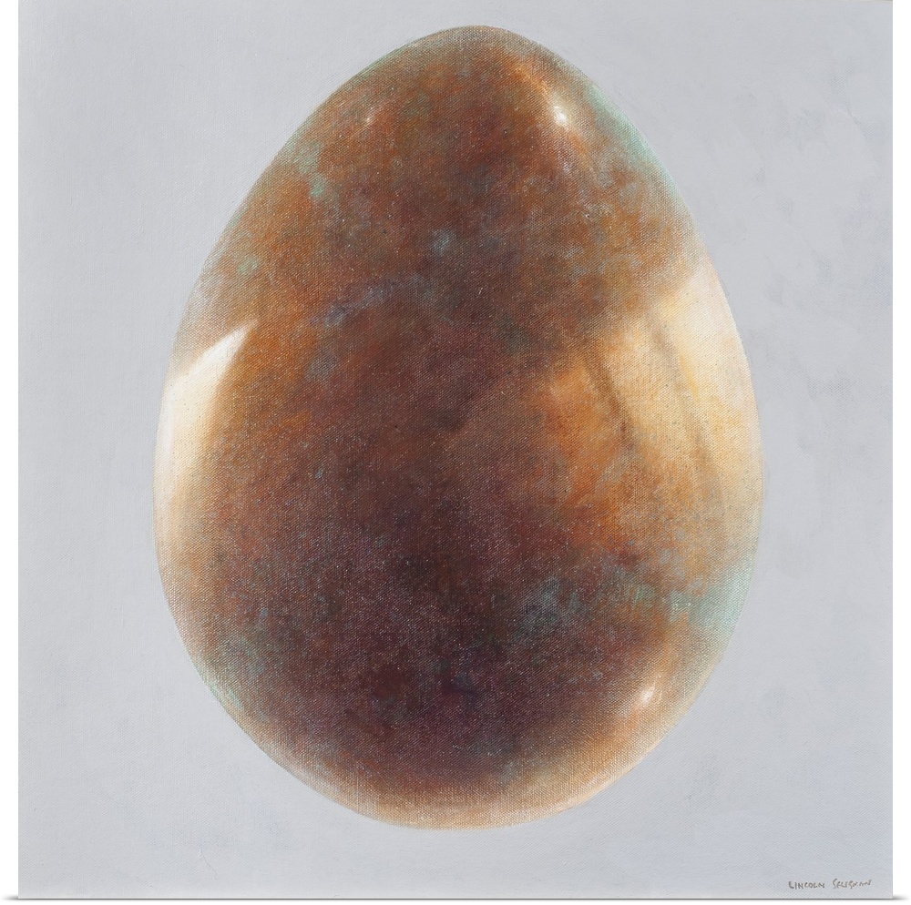 Contemporary painting of a bronze egg against a light gray background.
