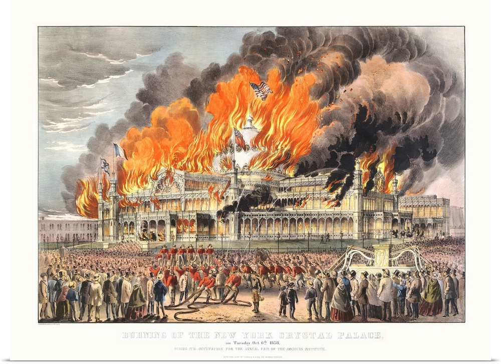 Burning of the New York Crystal Palace on Tuesday October 5th 1858 (originally colour lithograph) by Currier, N. (1813-88)...