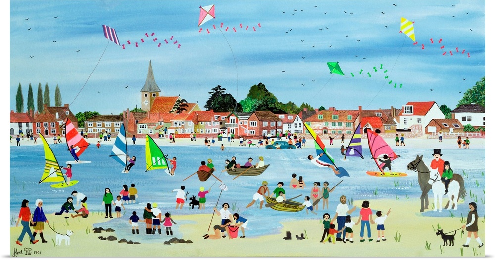 Contemporary painting of a beach full of people in the summer.