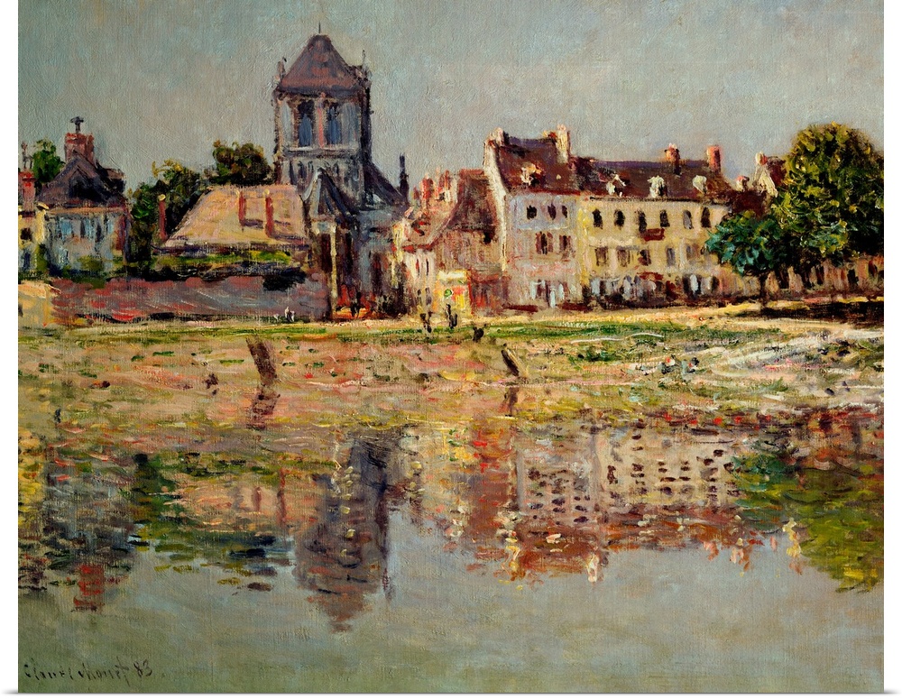 A piece of classic artwork that is a painting of homes lining a body of water that can be seen reflected in the water.