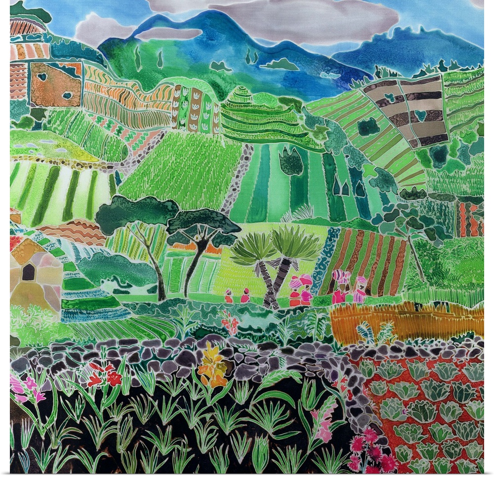 Contemporary painting of an agricultural landscape with mountains in the distance.