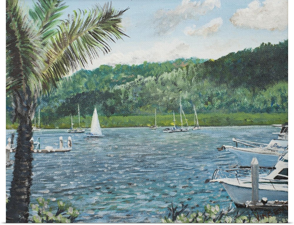 Contemporary painting of a scenic Australian harbor.
