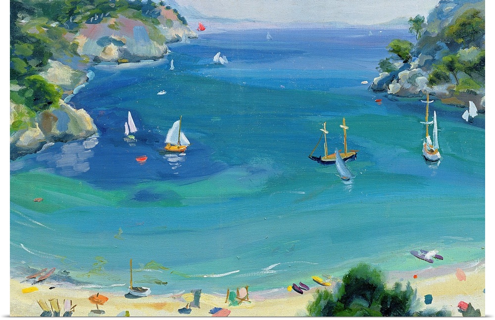 Oil painting of shoreline filled with beachgoers and sail boats In the ocean.