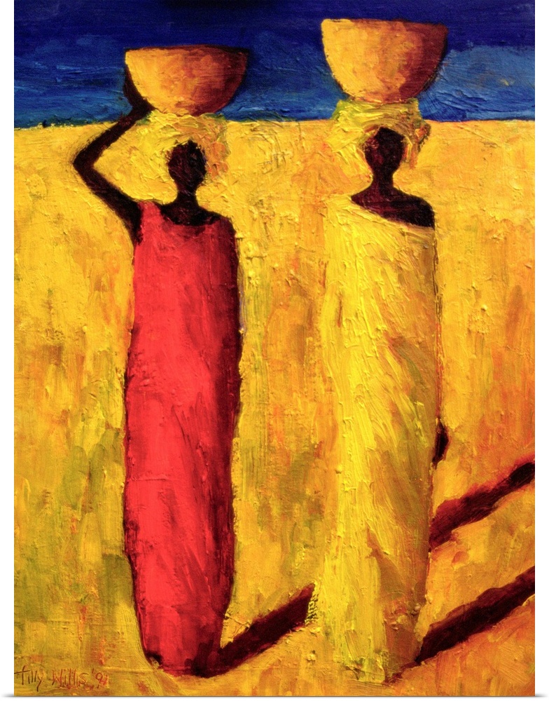 Contemporary oil painting of two African women walking while balancing bowls on their heads.