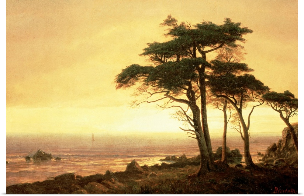 This classic piece of artwork has a large tree that grows near the ocean coast with a sunset painted in the distance.