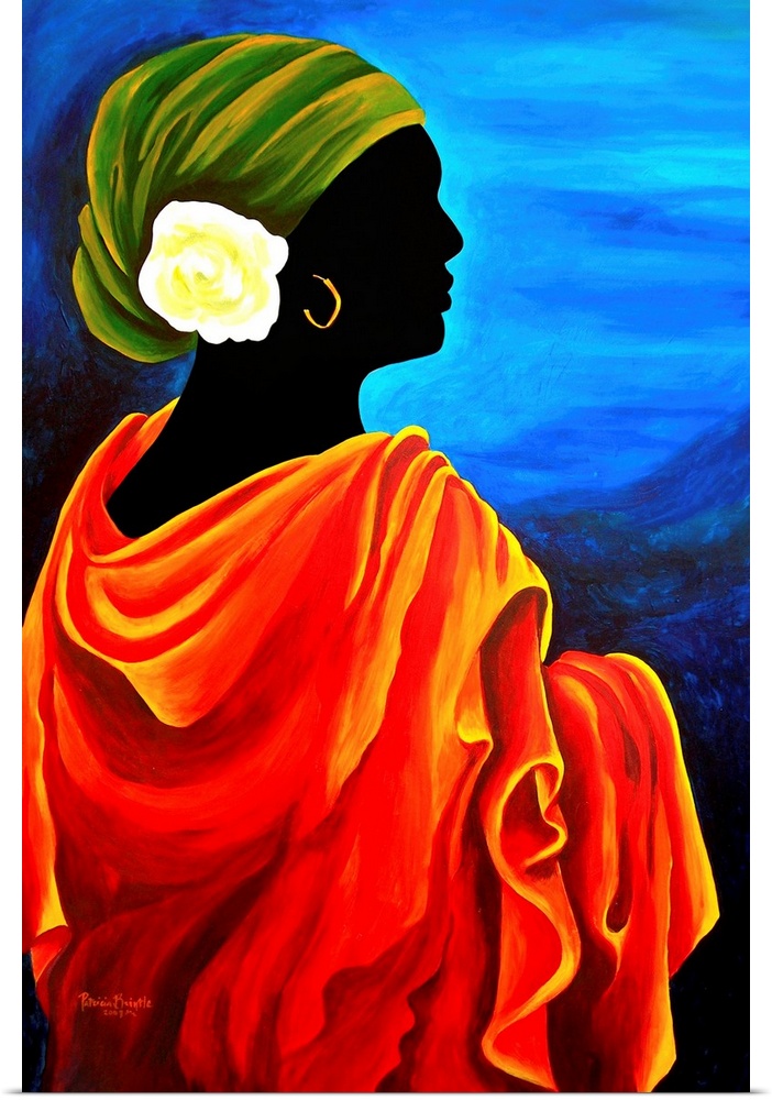 Contemporary portrait of a Haitian woman wearing a headscarf with a flower.