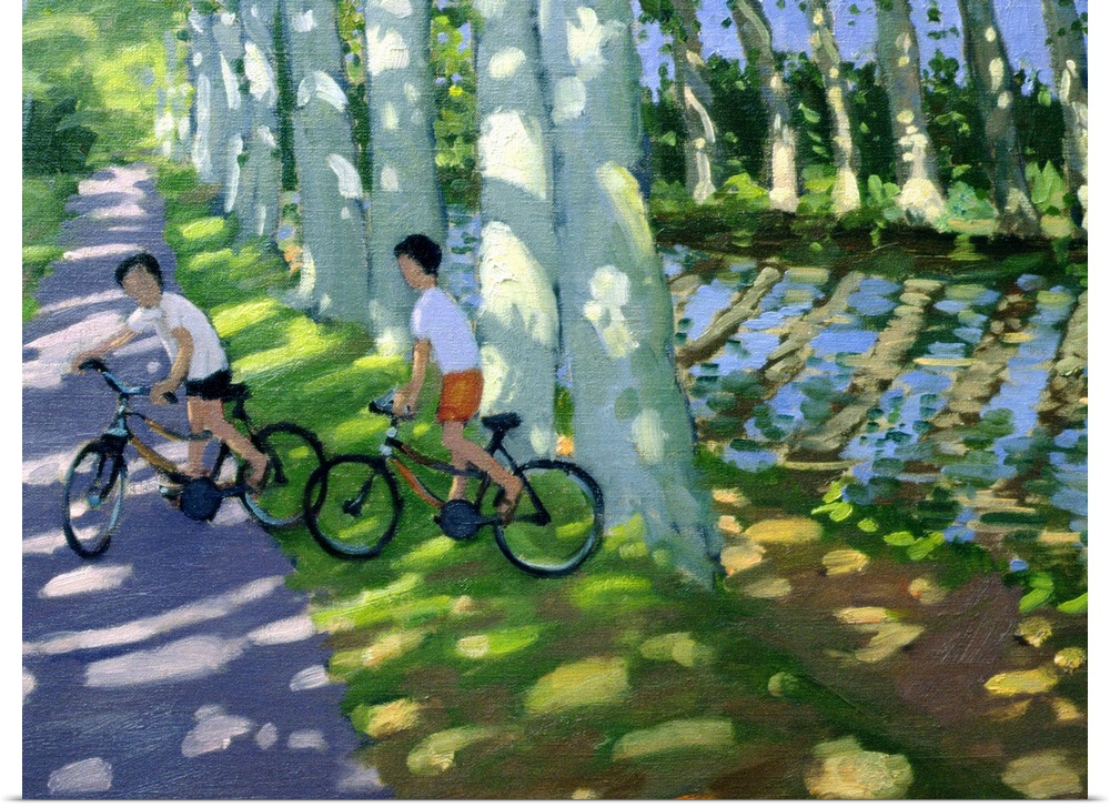 A contemporary painted landscape where trees line a canal and cast shadows on the ground from the midday sun on a path whe...