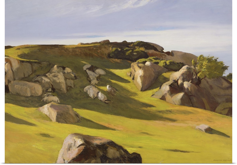 Bright landscape painting of the rocky Cape Anne located in Massachusetts, New England.