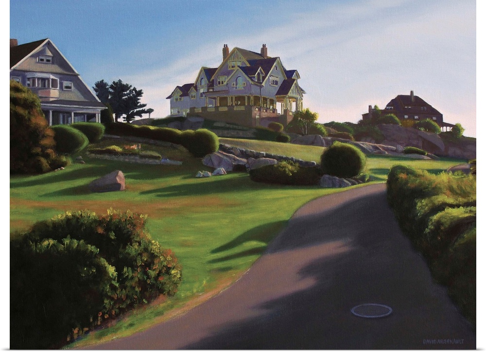 Contemporary painting of a neighborhood with large houses at sunrise.