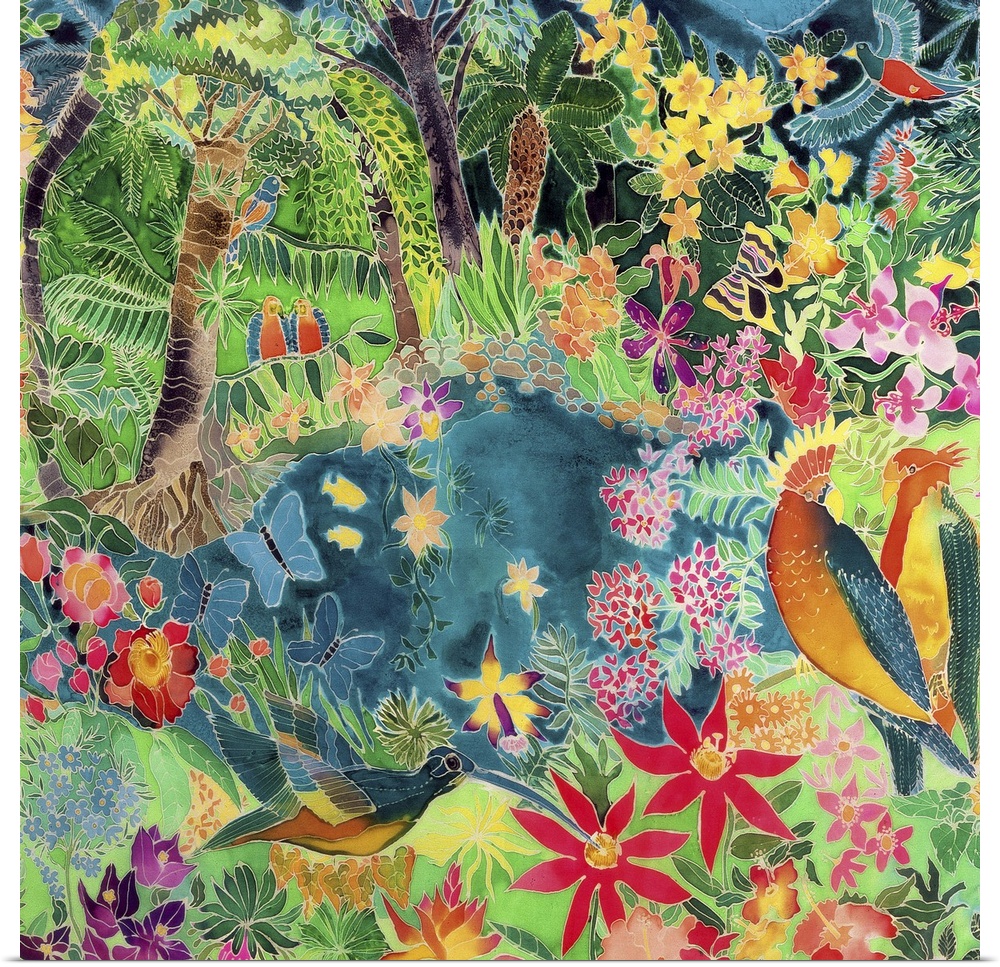 Contemporary painting of the brightly colored animals and flowers of the jungle.