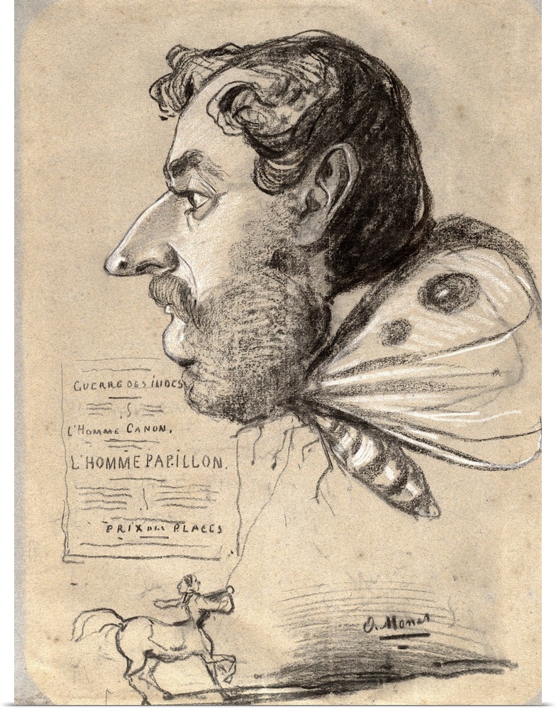 Caricature of Jules Didier, Butterfly Man, c.1858, charcoal, heightened with white chalk, with smudging, on blue laid pape...
