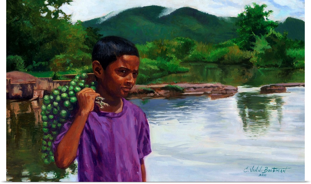 Contemporary painting of a young boy by the water holding fruit.