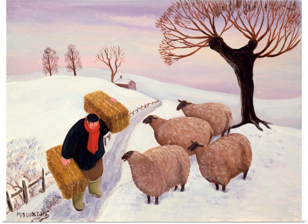 Contemporary painting of a farmer tending to his flock of sheep in the winter.