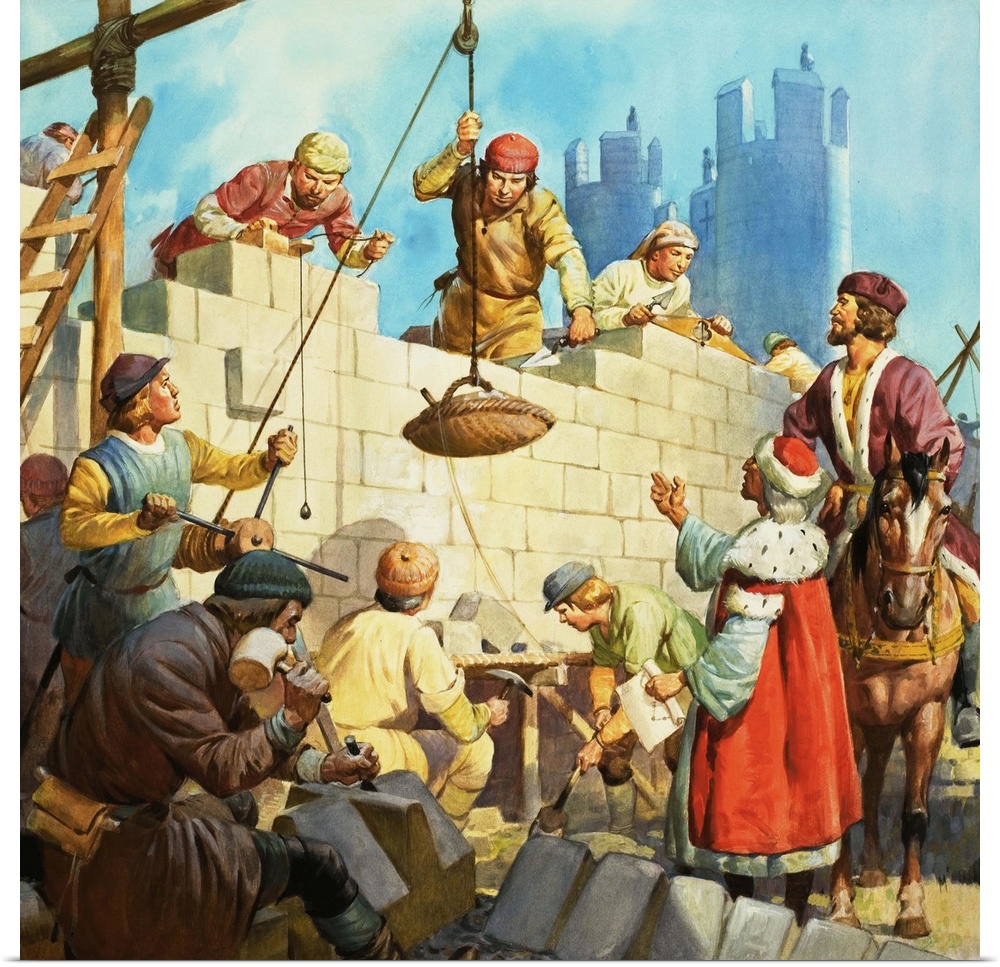 Castle Construction. Original artwork for illustration in Look and Learn.