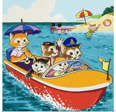 Cat Family In Motorboat