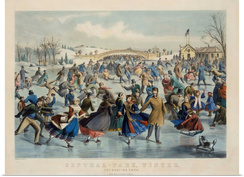Central Park, Winter - The Skating Pond, 1862 (originally hand-coloured lithograph) by Currier, N. (1813-88) and Ives, J.M...