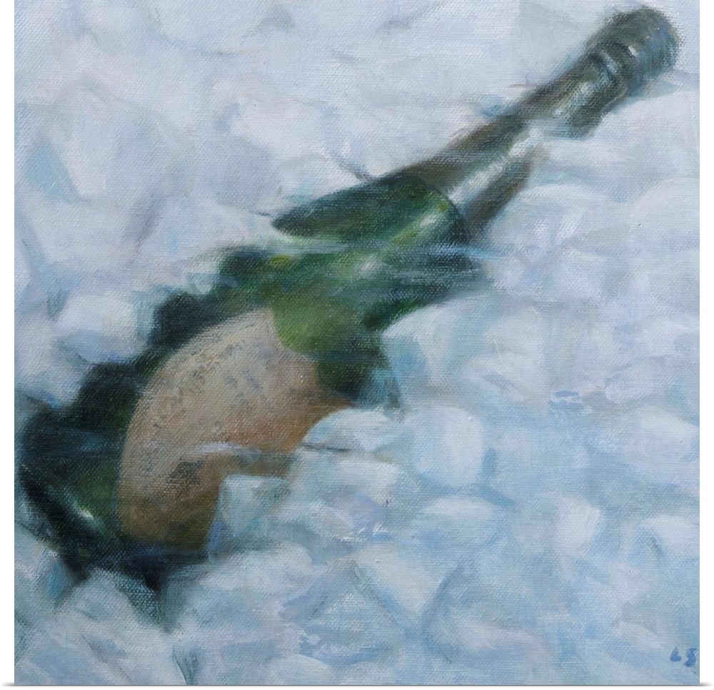 Contemporary painting of a bottle of champagne buried in ice.