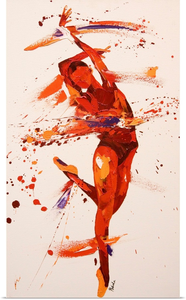 Contemporary painting using deep warm tones to create a dancing figure against a tan background.