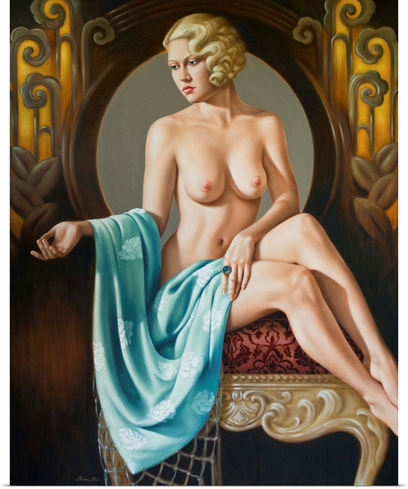 Contemporary painting of a nude woman with a blue shawl.