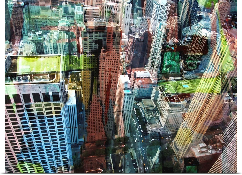 Contemporary artwork of an aerial view of Chicago.