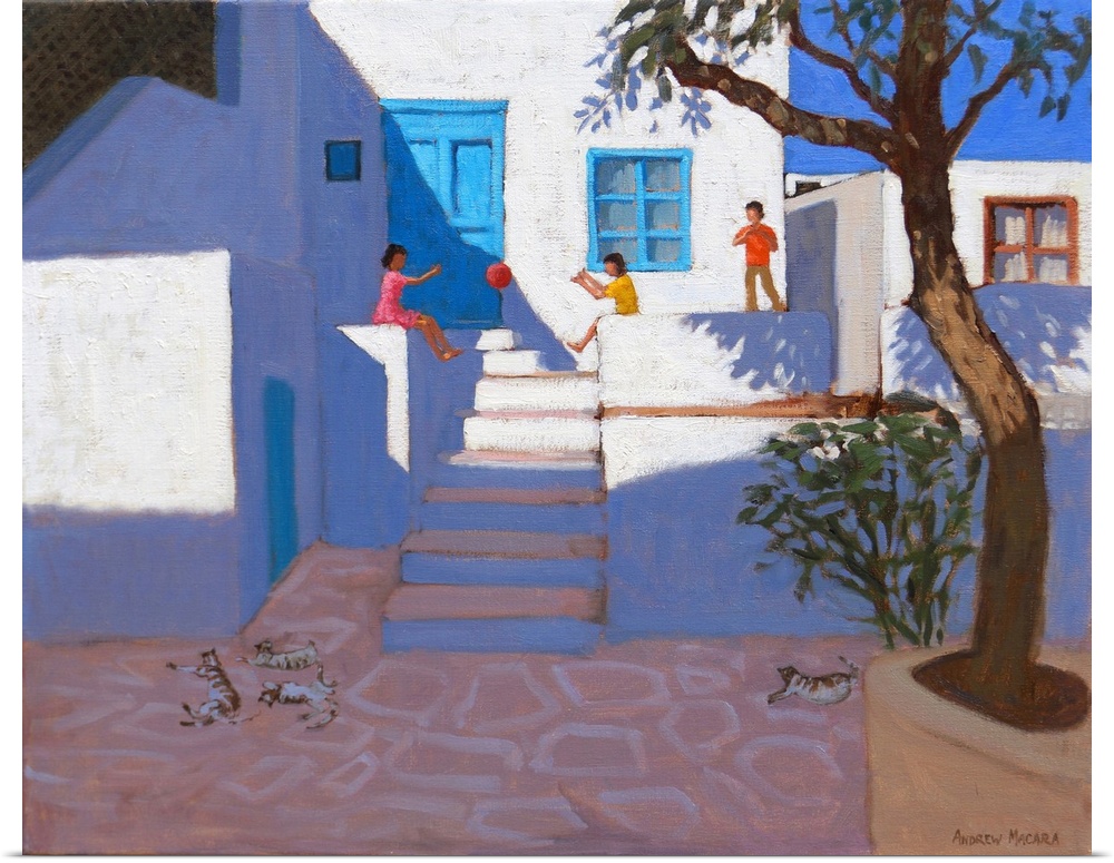 Children and cats, Mykonos, 2017, (originally oil on canvas) by Macara, Andrew