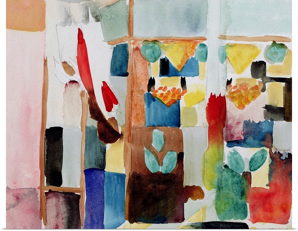 Watercolor painting of various items on shelves.