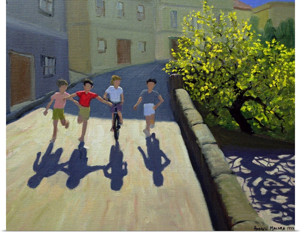 Horizontal painting on a big canvas of three children running alongside one that is on a bicycle, down a steep roadway nex...