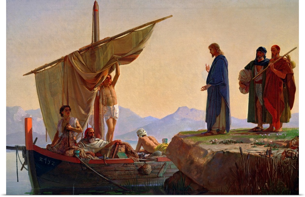 Classic artwork with Christ standing on the edge of a small cliff with two men standing just behind him and a boat in the ...