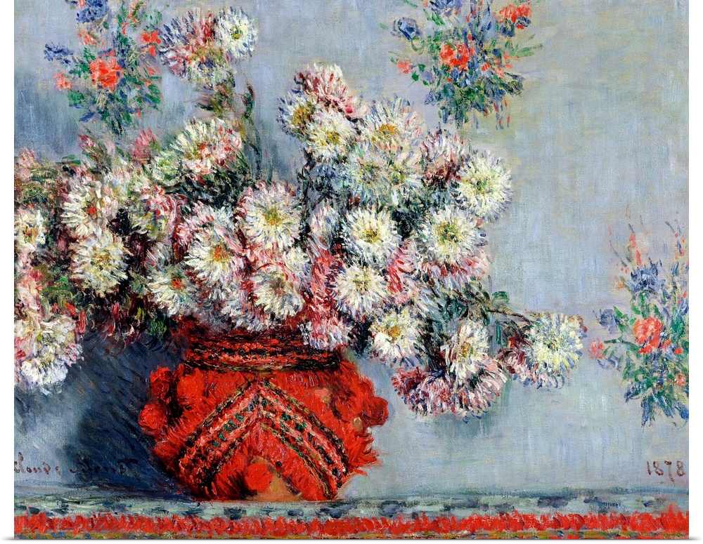 Large, landscape classical painting of a big vase full of chrysanthemums, against a floral, wallpapered background.  The v...