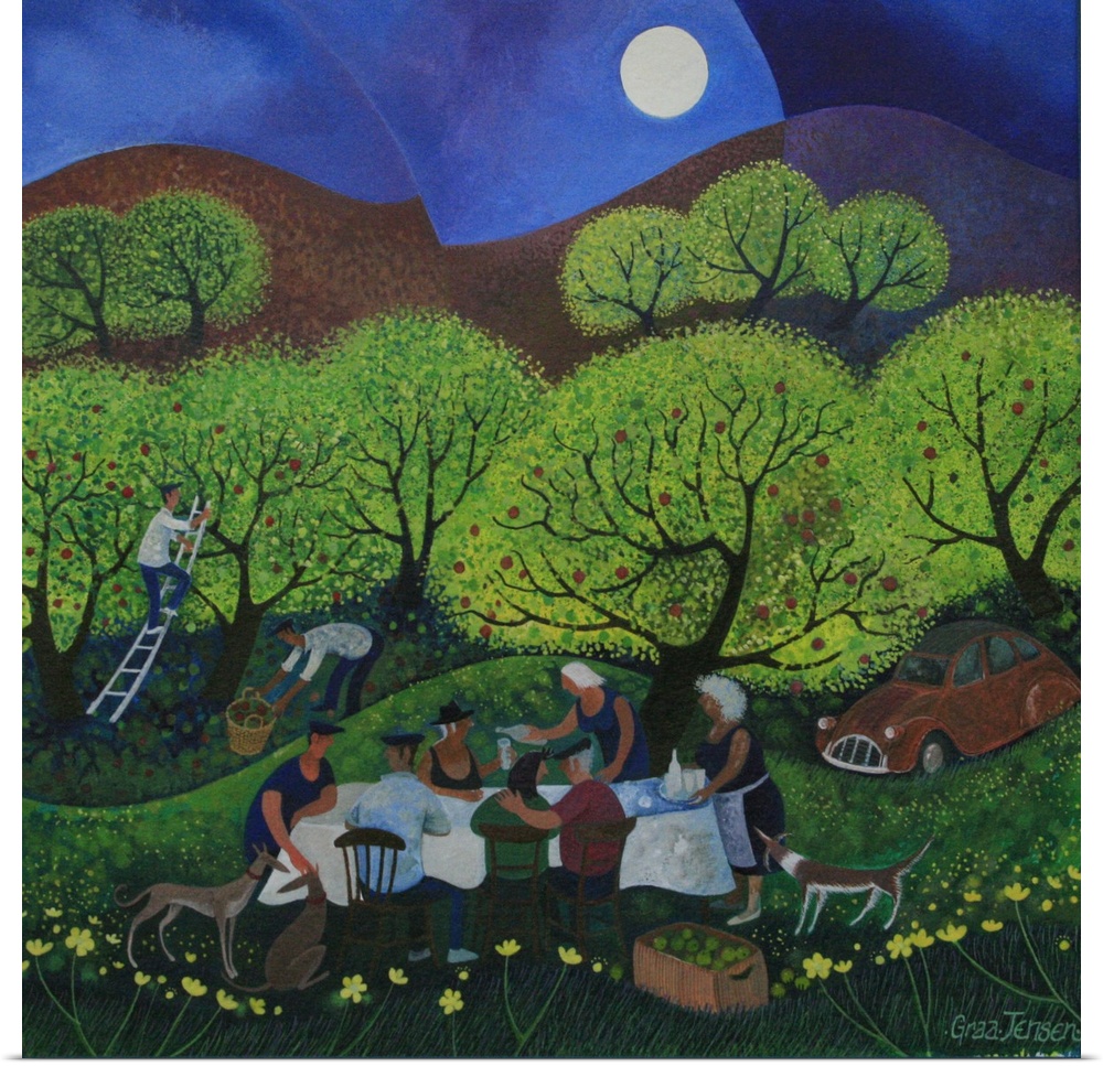 Contemporary painting of people drinking apple cider in an orchard at night.
