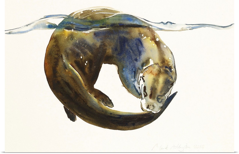 Contemporary artwork of a sea otter from under water, with its back breaching the surface.