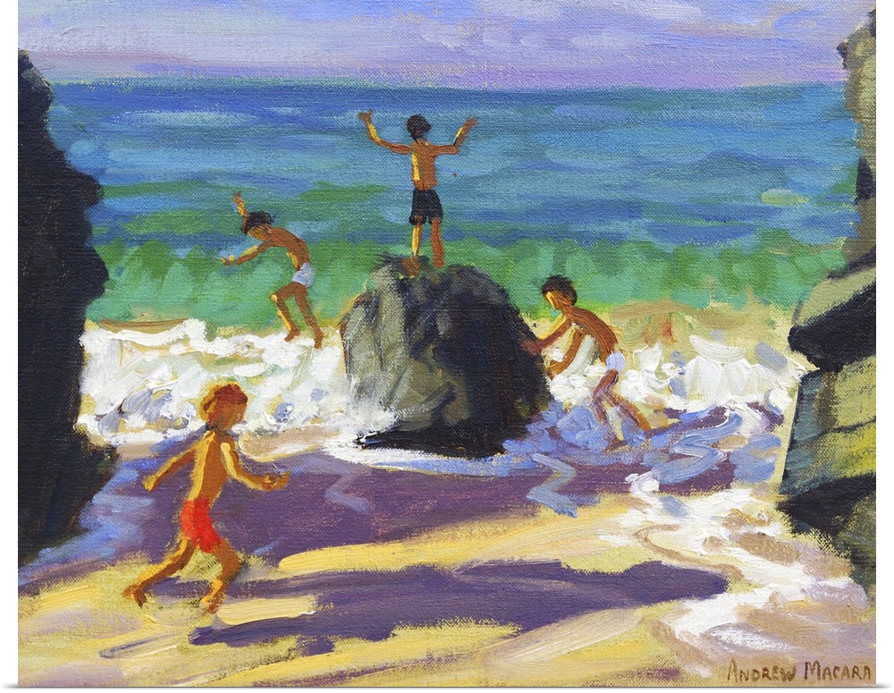 Contemporary painting of children playing on rocks on a beach.