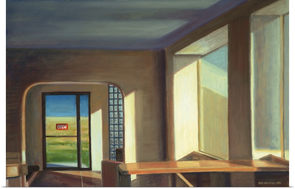 Contemporary painting of an empty cafe interior.