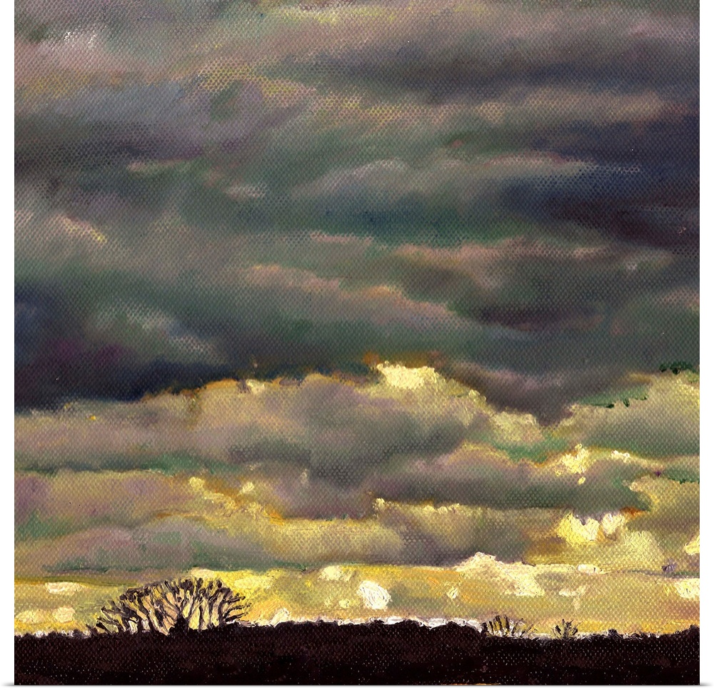 Contemporary painting of a sky with layers of ominous looking clouds.