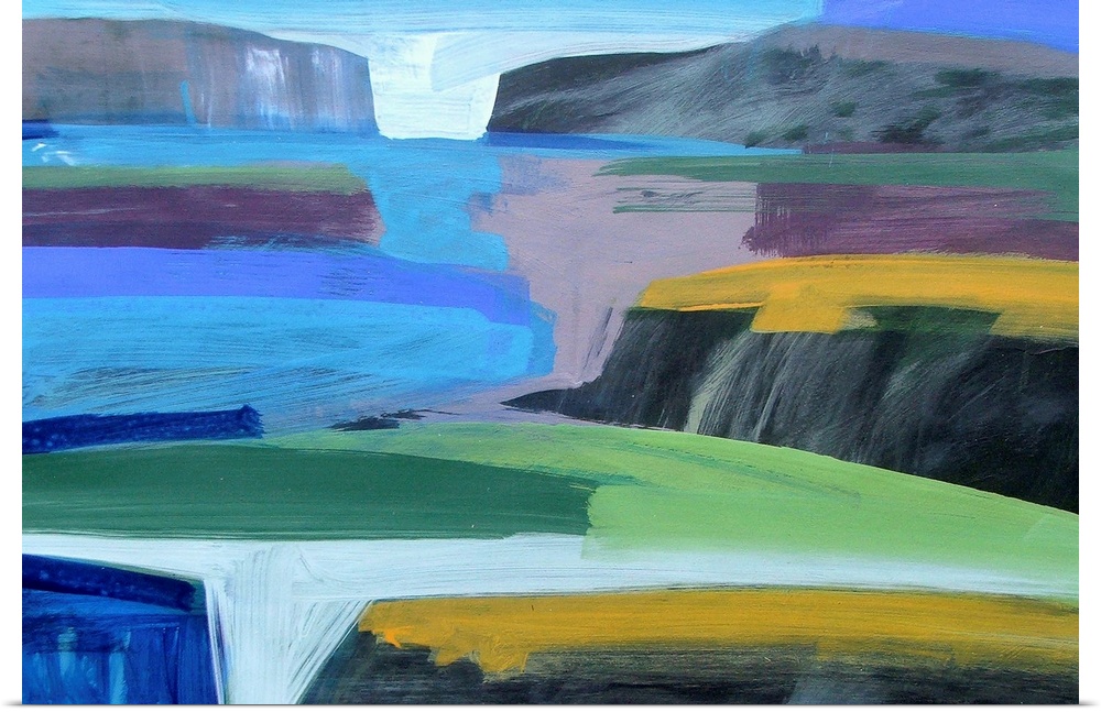 Abstract painting of land plateaus and rocky cliffs surrounded by ocean and land shown through simple shapes and bold cont...
