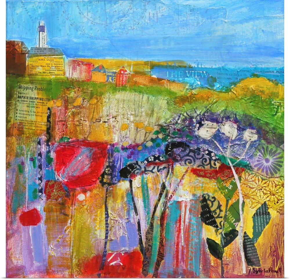 Contemporary painting using vivid colors to express landscape view.