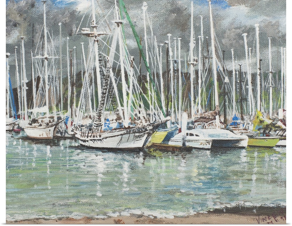 Contemporary painting of sailboats docked in a harbor under gray skies.