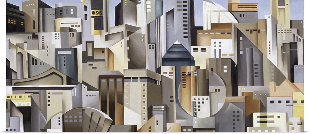 Modern abstract painting of skyscraper composed of various shapes on canvas.