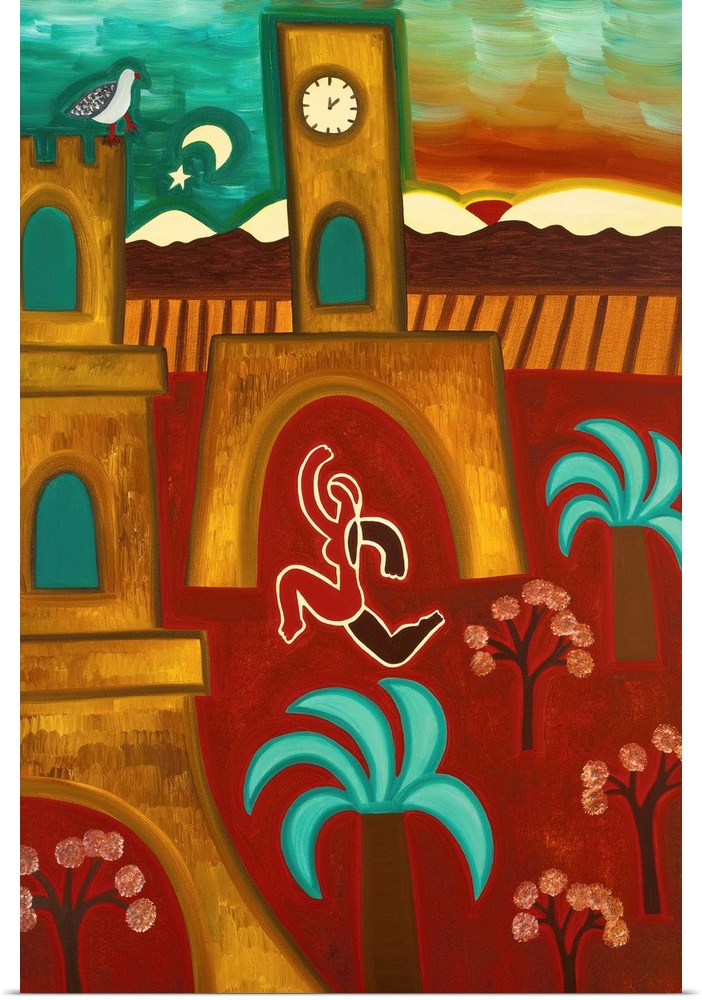 Contemporary painting of a woman running through a courtyard.