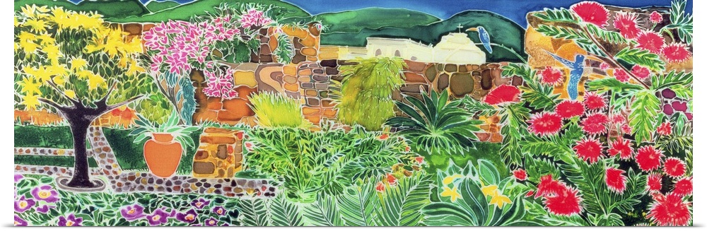 Contemporary painting of a colorful garden landscape.